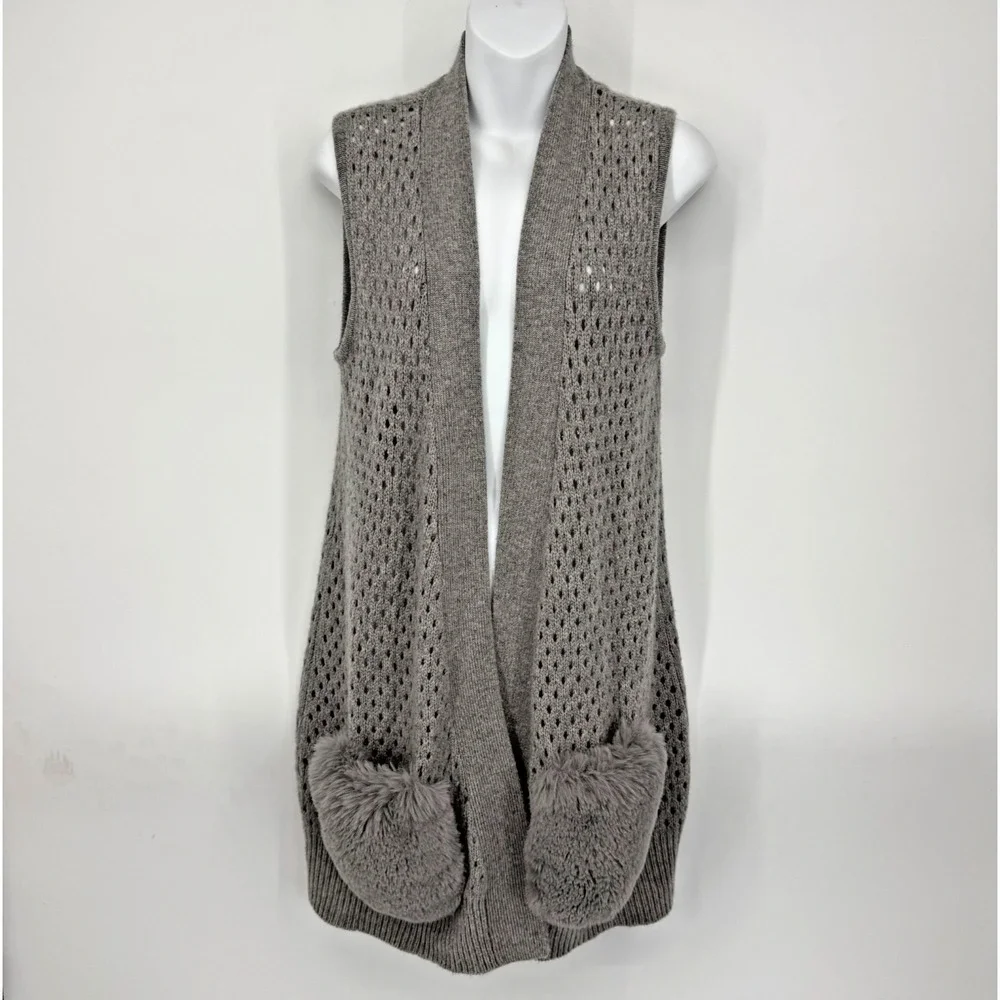 Magaschoni 100% Cashmere Knit Cardigan Sweater Vest Size S Faux Fur Quiet Luxury